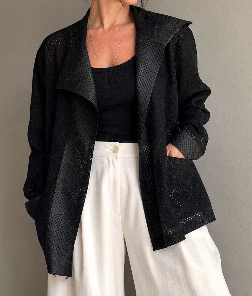 Vintage Paul Sisti Perforated Pig Suede Jacket Black Open Front Oversized USA XL